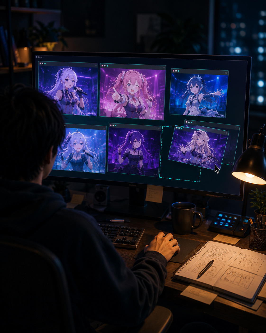 6つのアイドルのウィンドウを手作業で並べる、Monilit が生まれた夜の作業風景